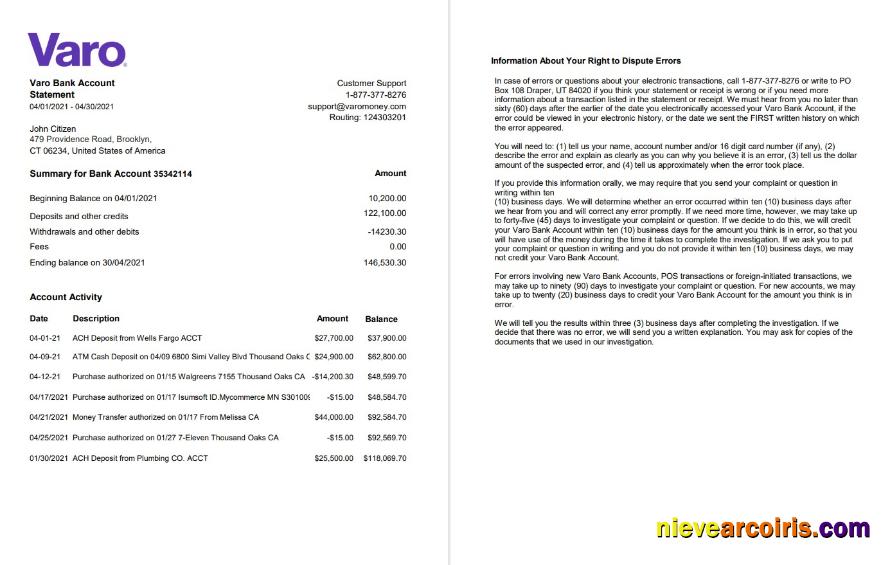 USA California Varo bank statement in Excel and PDF format (2 pages)